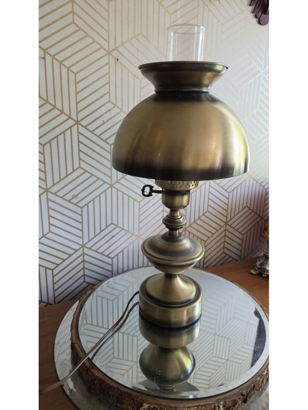 Vintage 3Pc Antiqued Brass Hurricane Parlor Table Lamp Glass Chimney- 3 Way GWTW